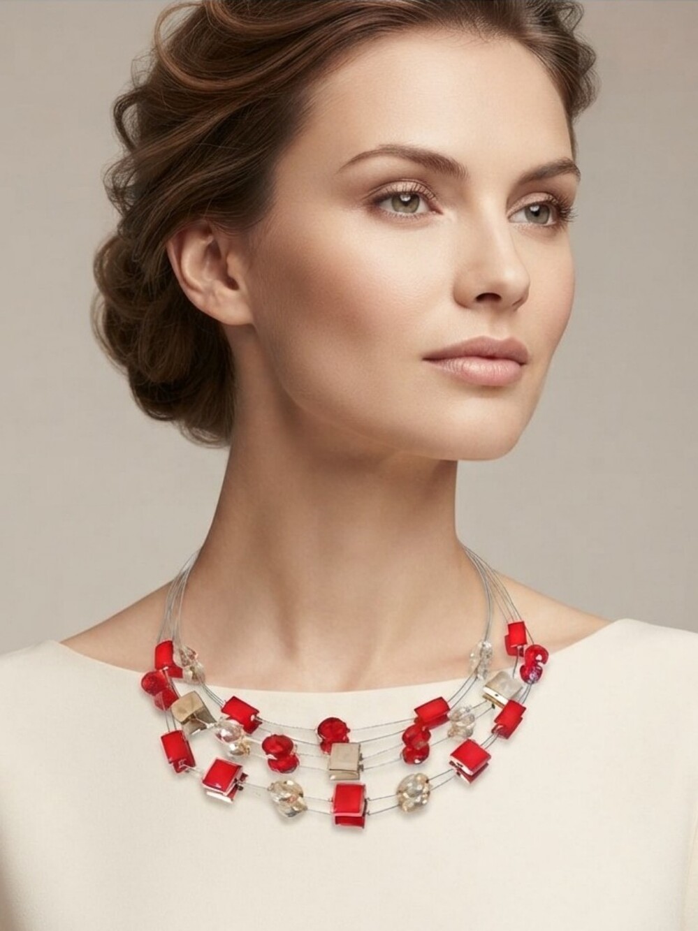 Women's Multi Strand Red Crystals Statement Cocktail Necklace Jewelry